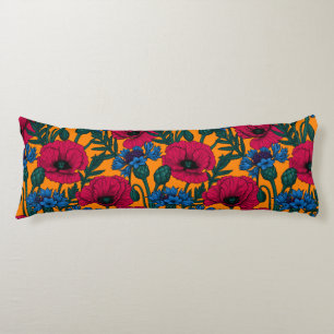 Red poppies and blue cornflowers on orange body cushion
