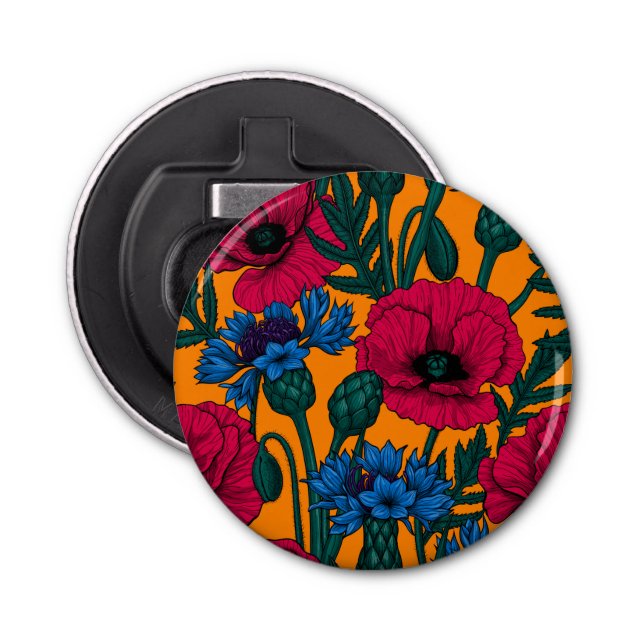 Red poppies and blue cornflowers on orange bottle opener (Front)