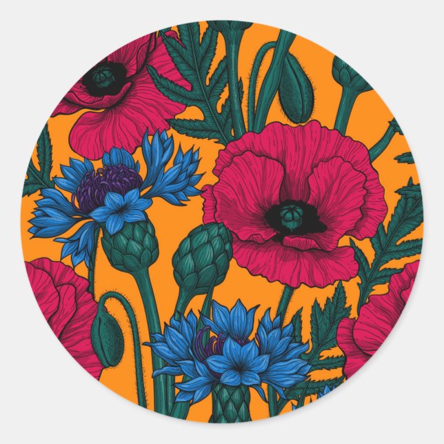 Red poppies and blue cornflowers on orange classic round sticker (Front)