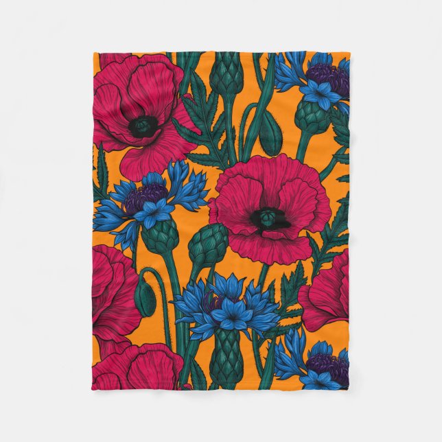Red poppies and blue cornflowers on orange fleece blanket (Front)