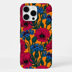 Red poppies and blue cornflowers on orange iPhone 16 pro max case
