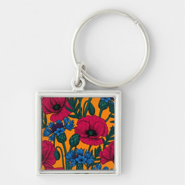 Red poppies and blue cornflowers on orange key ring (Front)