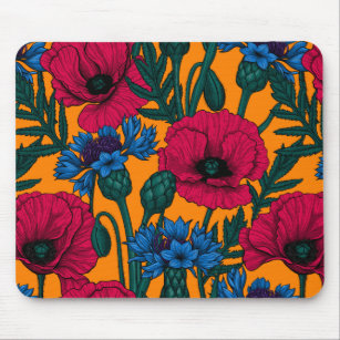 Red poppies and blue cornflowers on orange mouse mat