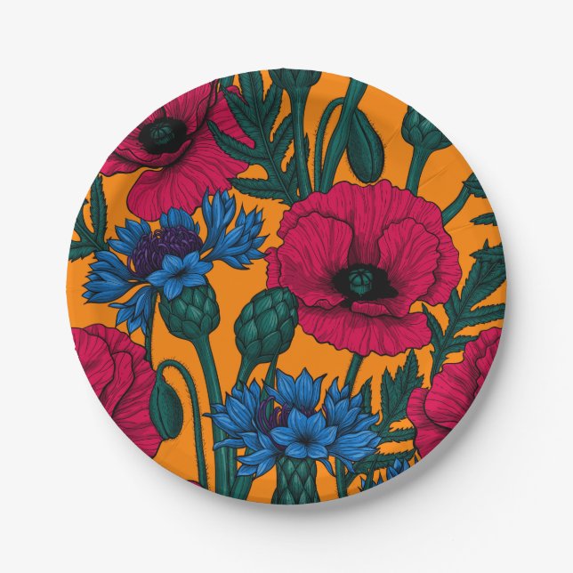 Red poppies and blue cornflowers on orange paper plate (Front)