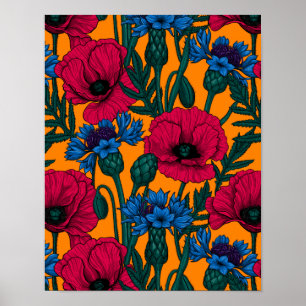 Red poppies and blue cornflowers on orange poster