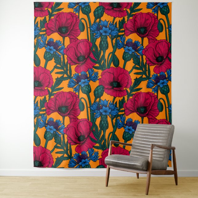 Red poppies and blue cornflowers on orange tapestry (In Situ)