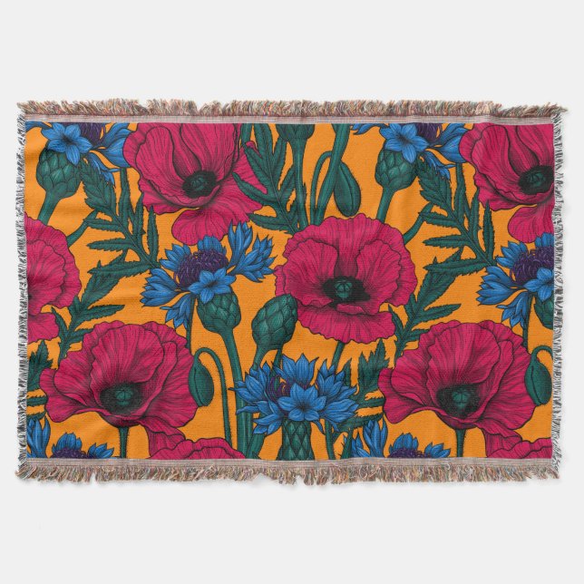 Red poppies and blue cornflowers on orange throw blanket (Front)