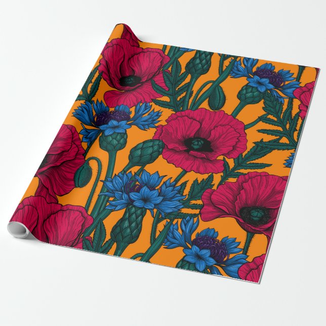 Red poppies and blue cornflowers on orange wrapping paper (Unrolled)