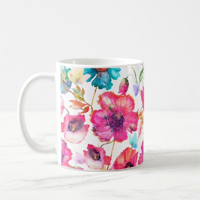 Red poppies and blue flowers with butterflies, wat coffee mug (Left)