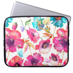 Red poppies and blue flowers with butterflies, wat laptop sleeve