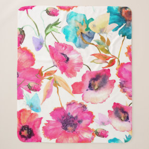 Red poppies and blue flowers with butterflies, wat sherpa blanket