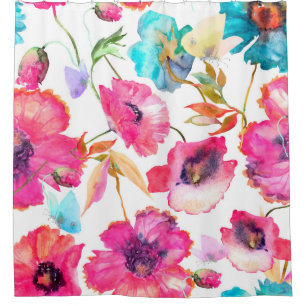 Red poppies and blue flowers with butterflies, wat shower curtain