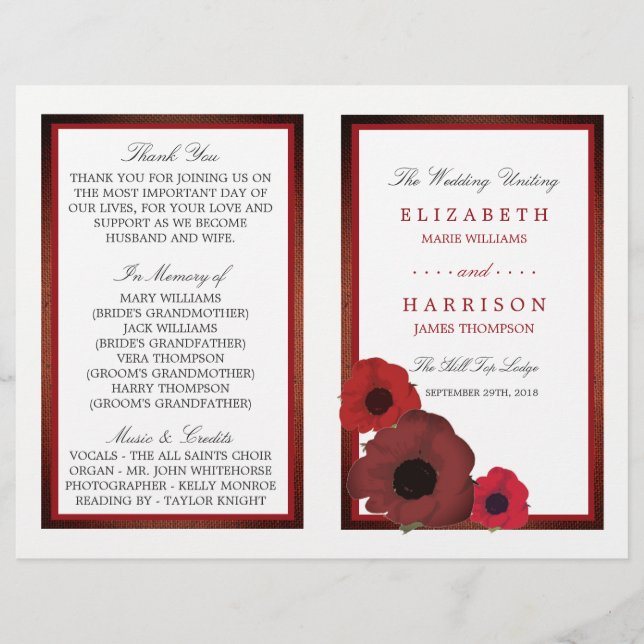 Red Poppies and Burlap Wedding Bi-fold Program (Front)