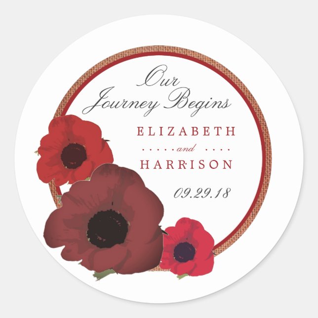Red Poppies and Burlap Wedding Classic Round Sticker (Front)