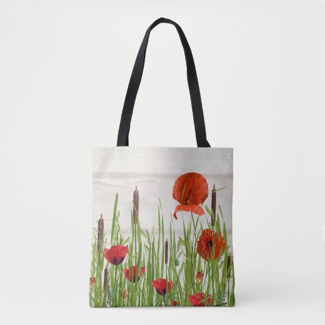 red poppies and cattails tote bag (Front)
