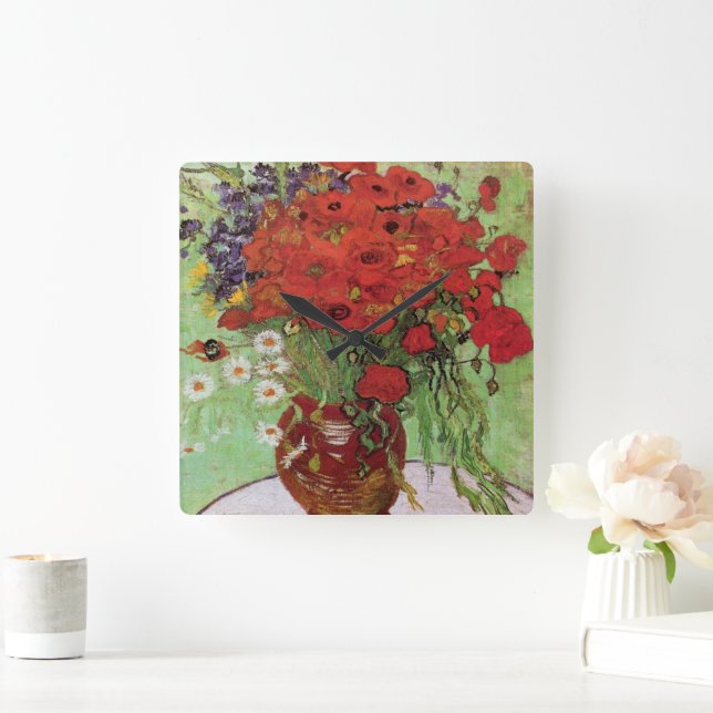 Red Poppies and Daisies By Vincent Van Gogh  Square Wall Clock (Home)