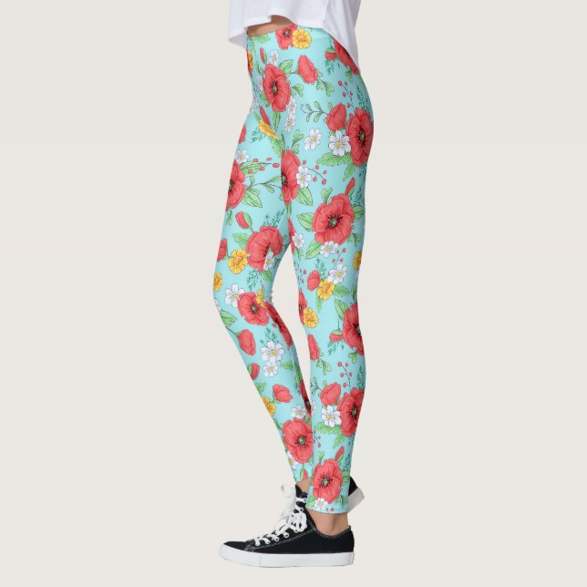 Red poppies and daisies modern floral pattern leggings (Left)