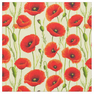 Red Poppies and Green Stems Fabric