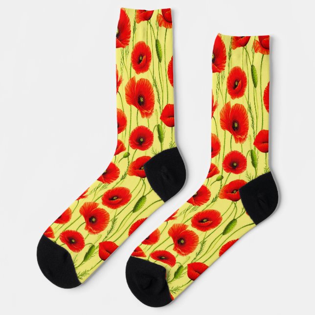 Red Poppies and Green Stems Socks (Left)