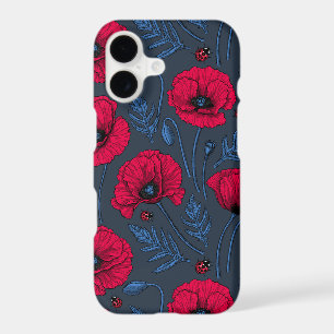 Red poppies and ladybugs on dark blue