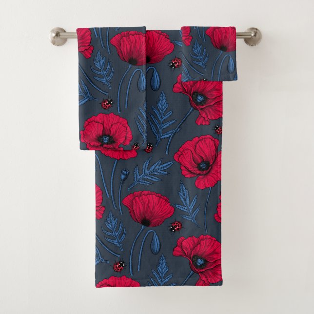 Red poppies and ladybugs on dark blue bath towel set (Insitu)