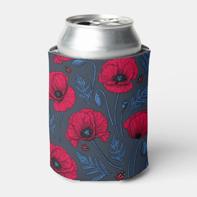 Red poppies and ladybugs on dark blue can cooler (Can Front)