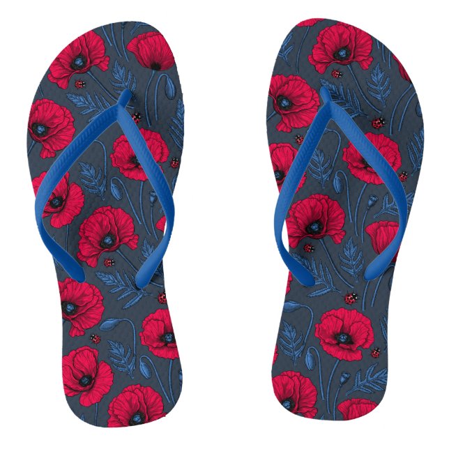 Red poppies and ladybugs on dark blue flip flops (Footbed)