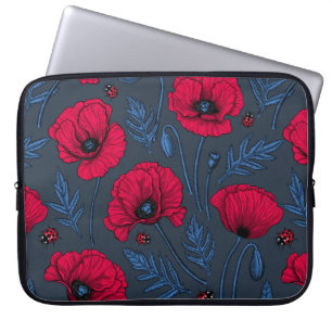 Red poppies and ladybugs on dark blue laptop sleeve