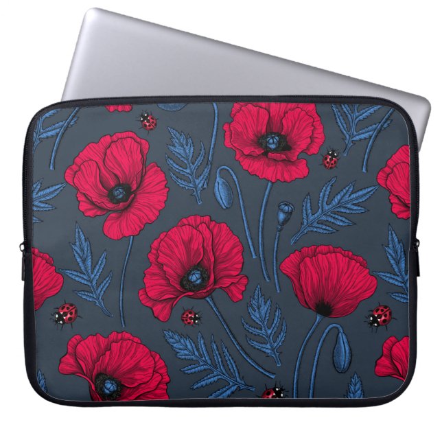 Red poppies and ladybugs on dark blue laptop sleeve (Front)