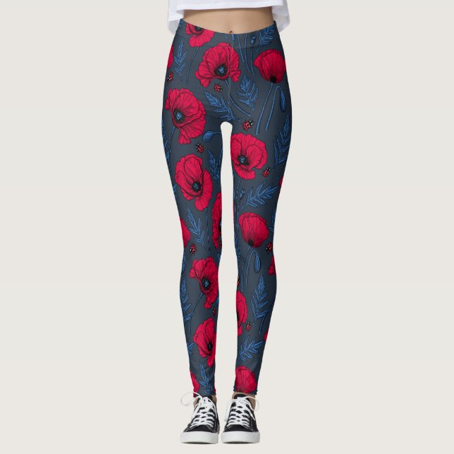 Red poppies and ladybugs on dark blue leggings (Front)