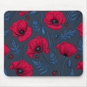 Red poppies and ladybugs on dark blue mouse mat