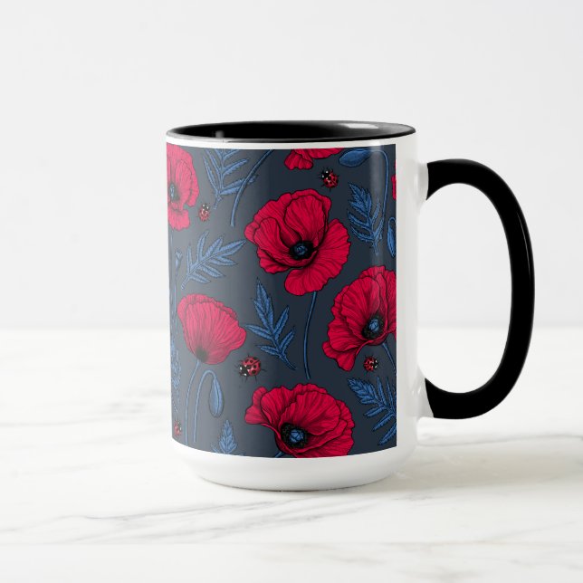 Red poppies and ladybugs on dark blue mug (Right)