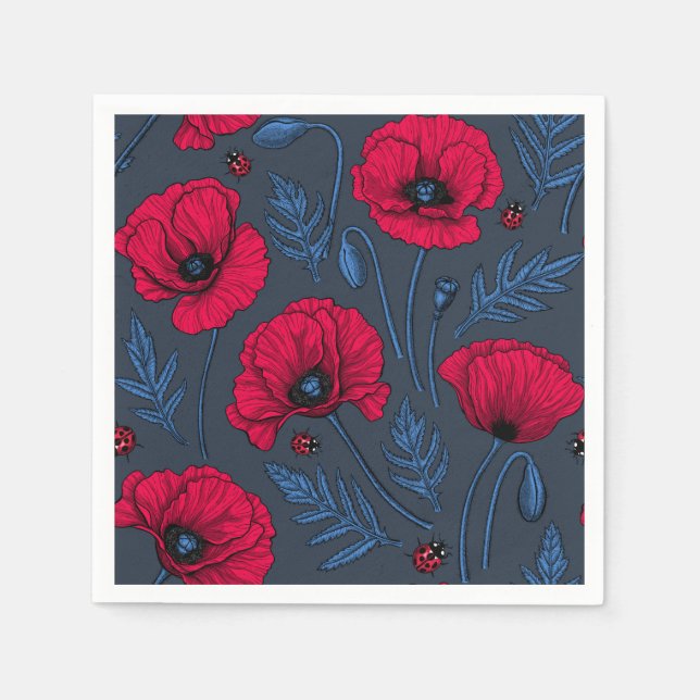 Red poppies and ladybugs on dark blue napkin (Front)