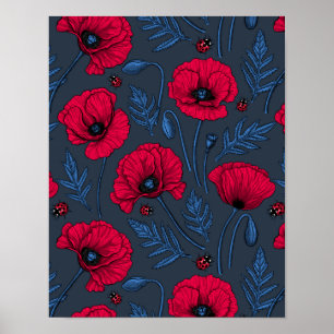 Red poppies and ladybugs on dark blue poster