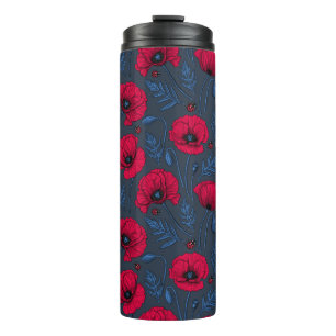 Red poppies and ladybugs on dark blue thermal tumb thermal tumbler