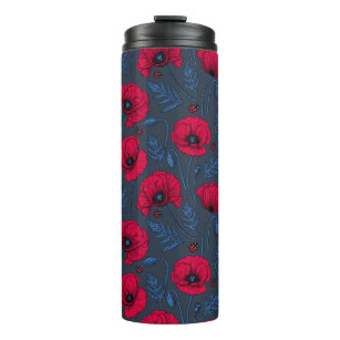 Red poppies and ladybugs on dark blue thermal tumb thermal tumbler