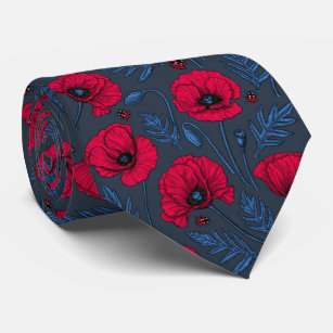 Red poppies and ladybugs on dark blue tie