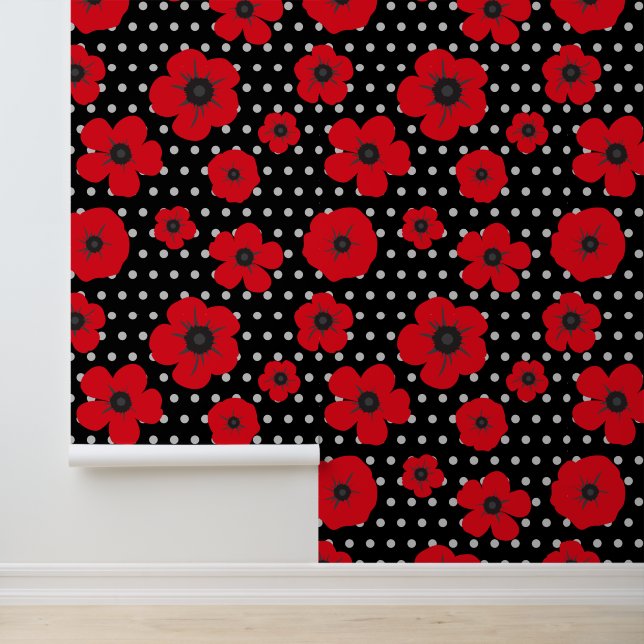 Red Poppies and Polka Dots Modern Floral Wallpaper (Application)