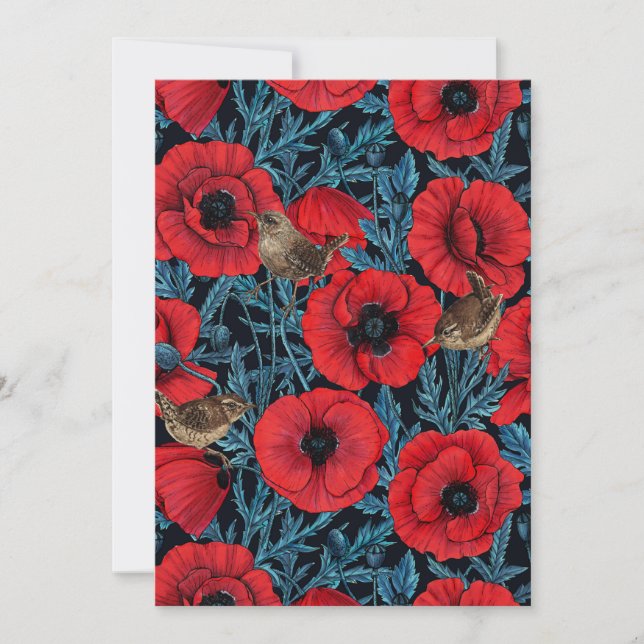 Red poppies and wrens, blue leaves on black (Front)