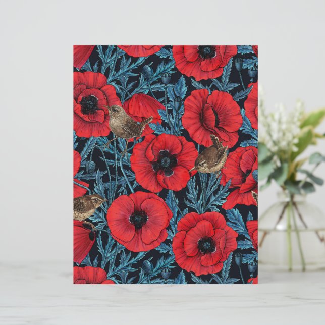 Red poppies and wrens, blue leaves on black (Standing Front)