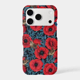 Red poppies and wrens, blue leaves on black