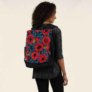 Red poppies and wrens, blue leaves on black backpack