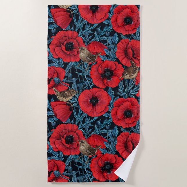 Red poppies and wrens, blue leaves on black beach towel (Front)