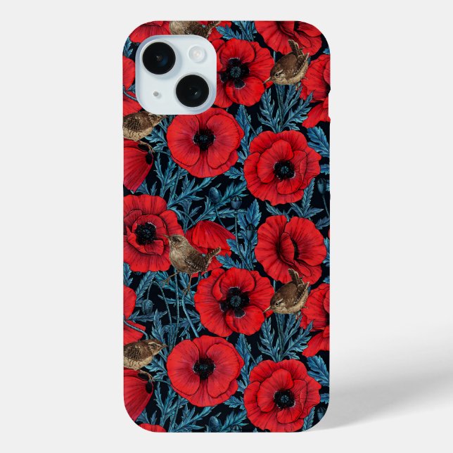 Red poppies and wrens, blue leaves on black Case-Mate iPhone case (Back)