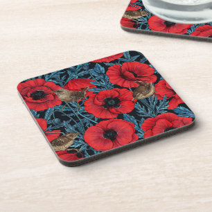 Red poppies and wrens, blue leaves on black coaster