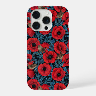 Red poppies and wrens, blue leaves on black iPhone 15 pro case
