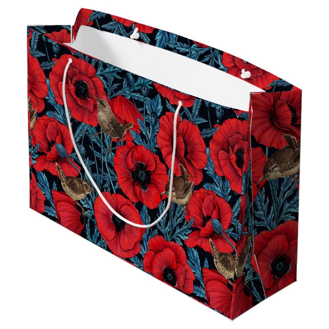 Red poppies and wrens, blue leaves on black large gift bag (Back Angled)