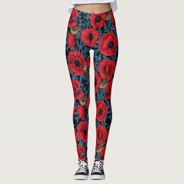 Red poppies and wrens, blue leaves on black leggings (Front)