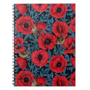 Red poppies and wrens, blue leaves on black notebook