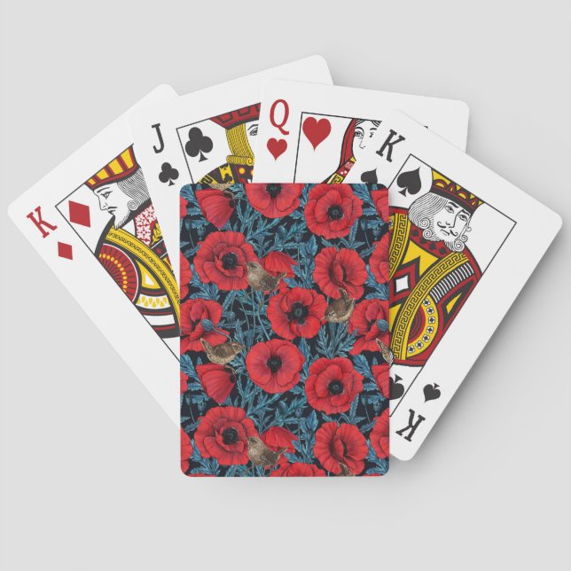 Red poppies and wrens, blue leaves on black playing cards (Back)